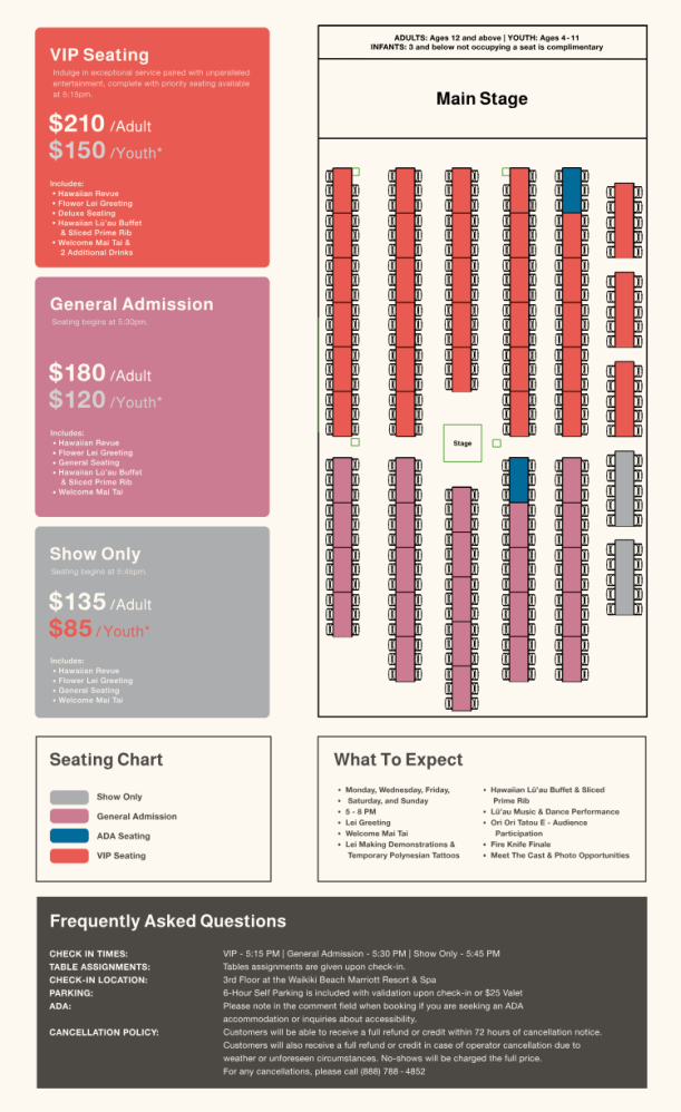 Seating chart with VIP and General Admission sections, pricing details, and show information for a Hawaiian revue.