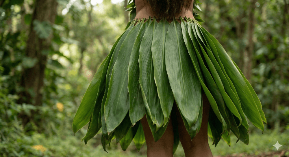 Person wearing a skirt made of large green leaves, standing in a forest.